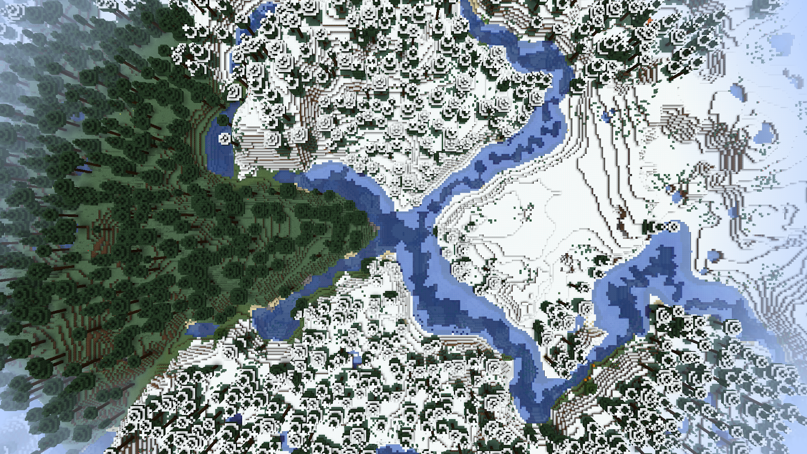 A Minecraft screenshot of Community Server 3's spawn town at sunset. Trees tower behind a row of waterfront buildings.