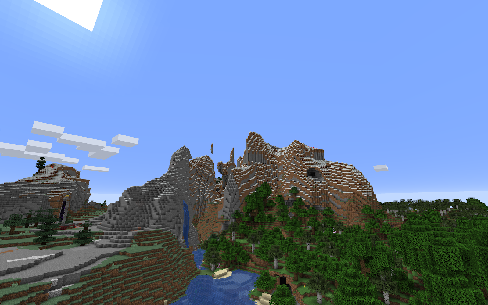 A Minecraft screenshot of Community Server 3's spawn town at sunset. Trees tower behind a row of waterfront buildings.