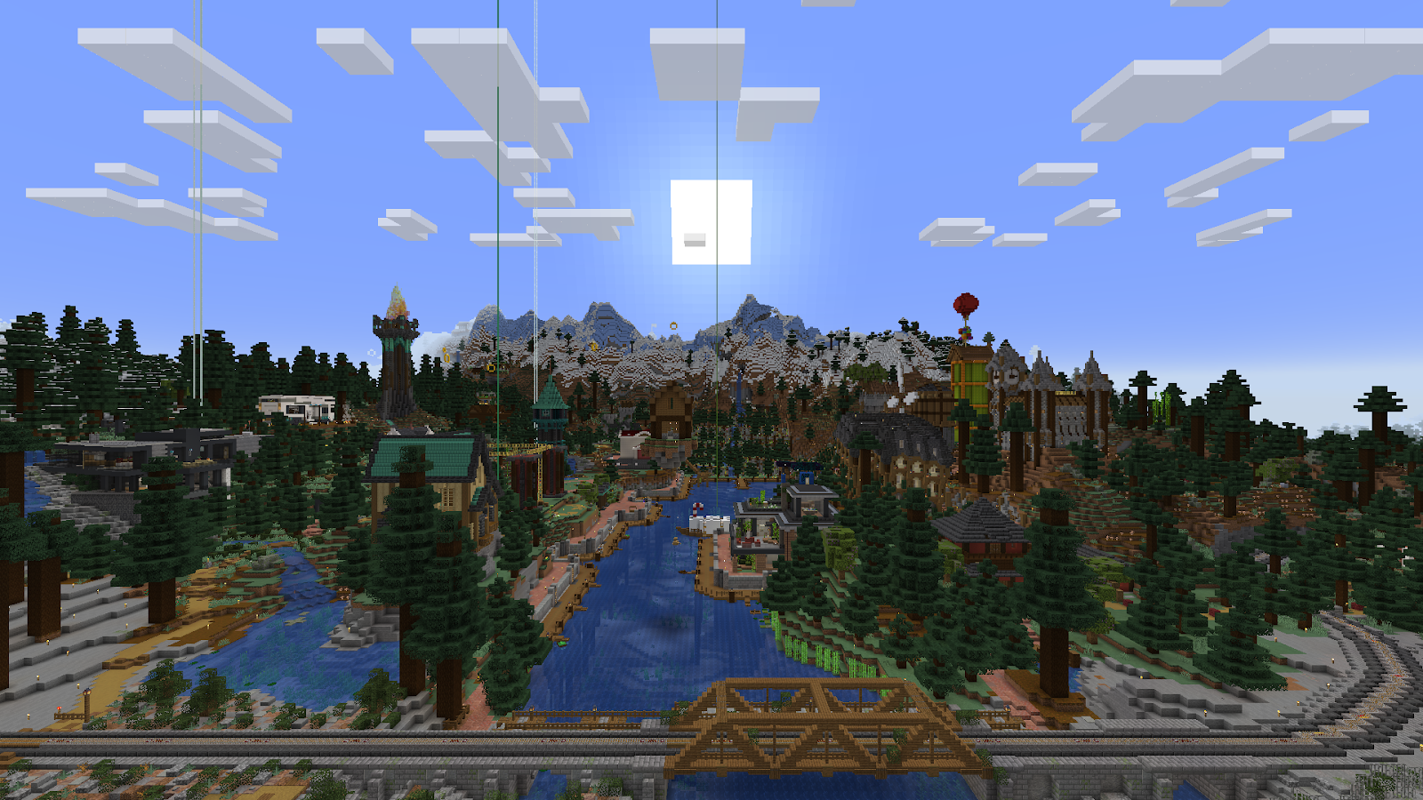 A Minecraft screenshot of Community Server 3's spawn town at sunset. Trees tower behind a row of waterfront buildings.