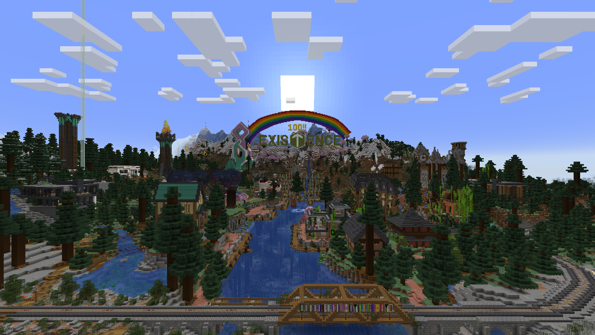 A Minecraft screenshot of Community Server 3's spawn town at sunset. Trees tower behind a row of waterfront buildings.