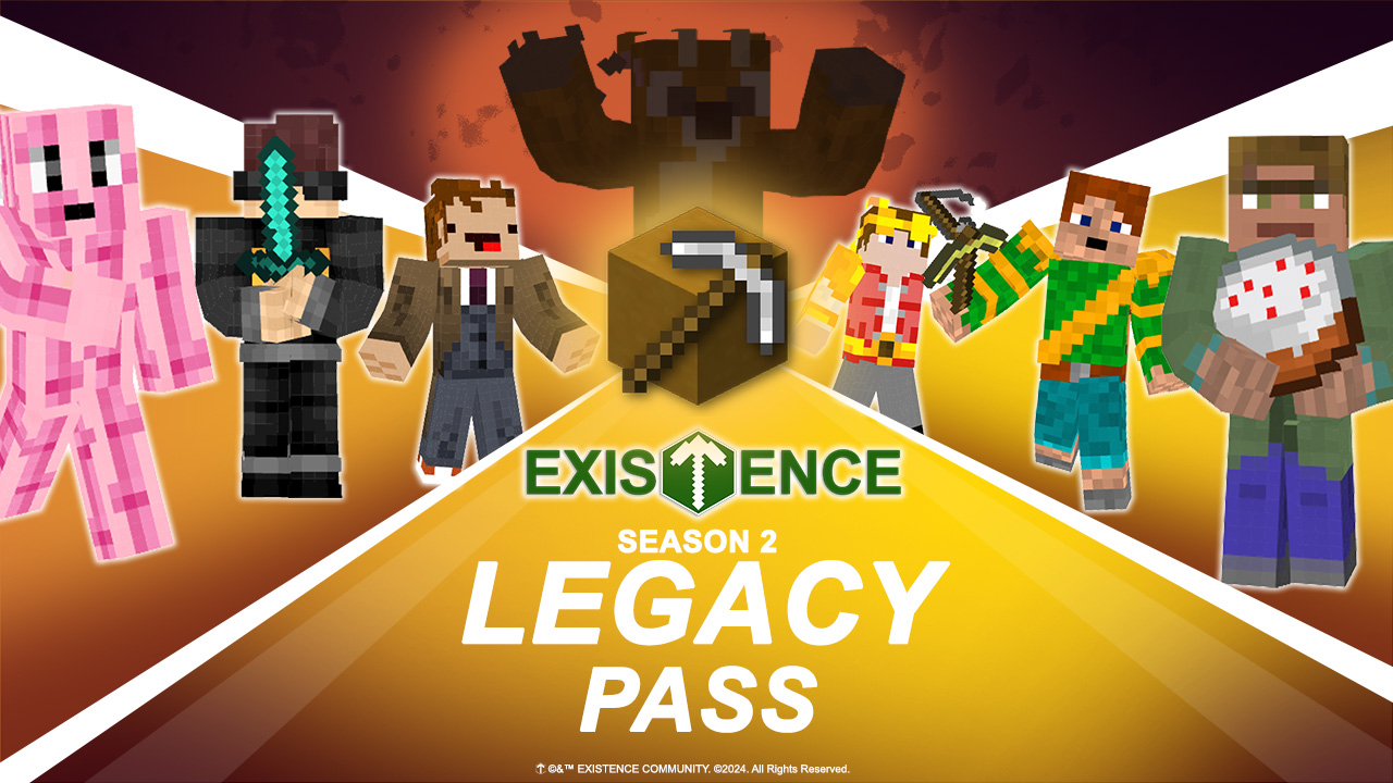 A Minecraft screenshot of Community Server 3's spawn town at sunset. Trees tower behind a row of waterfront buildings.